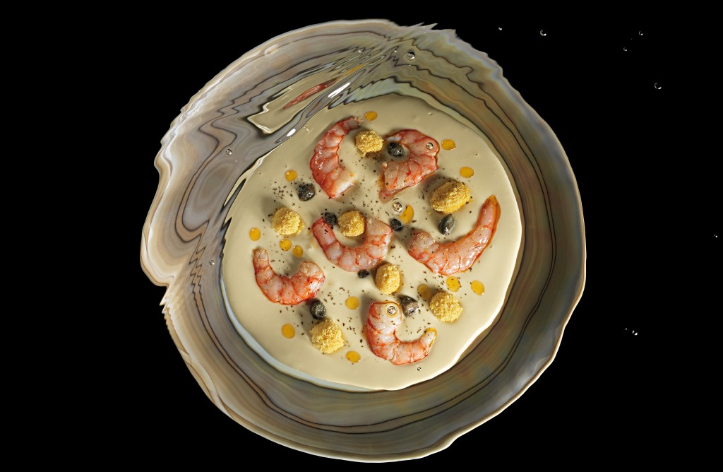 La Calandre signature dish Pier-Angelini, red shrimp tails served with chickpea purée on top and garnished with capers.