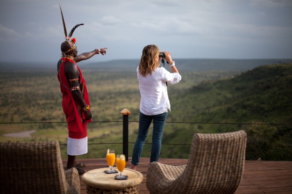 Loisaba Tented Camp deck view with Masai Warrior low res